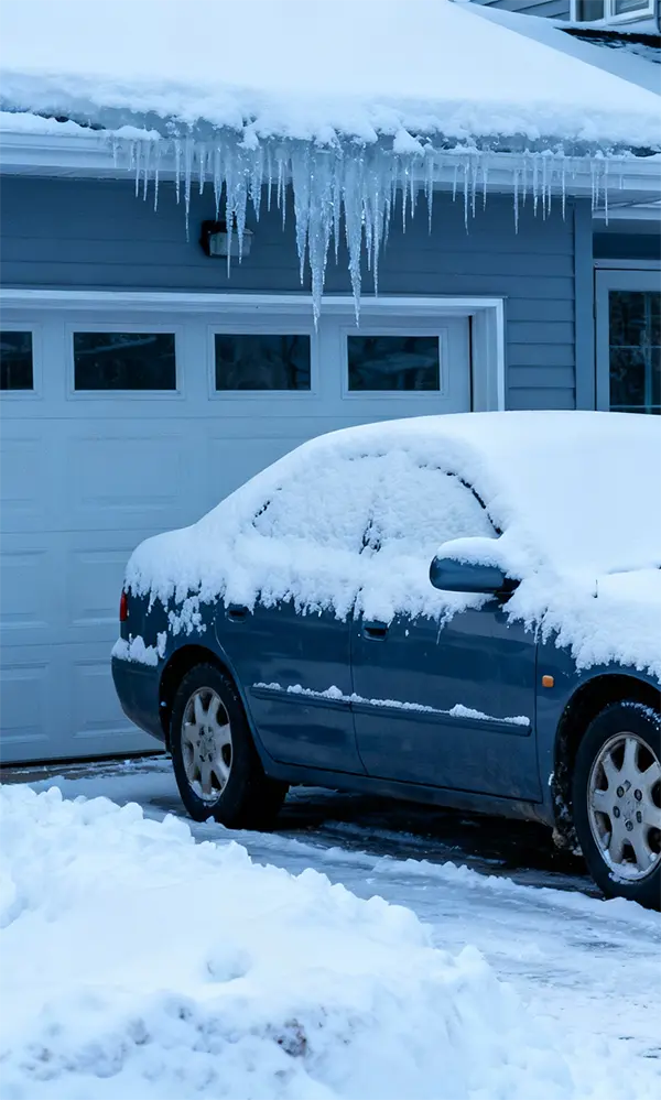 Voiture recouverte de neige garée devant un garage avec de longs glaçons sur le toit, illustrant les risques hivernaux et le besoin d’un auvent protecteur.